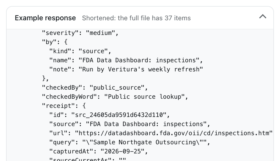 An example response from the buyer API for a published file: a finding with checkedBy set to public_source, checkedByWord "Public source lookup", and its receipt with the source, URL, query and capture date.
