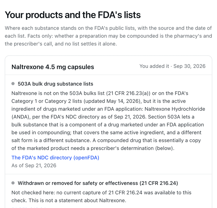 Naltrexone 4.5 mg capsules read against the FDA's lists: where it stands on the 503A bulk drug substance lists, with the regulation and the date, and a line saying 21 CFR 216.24 was not checked here.