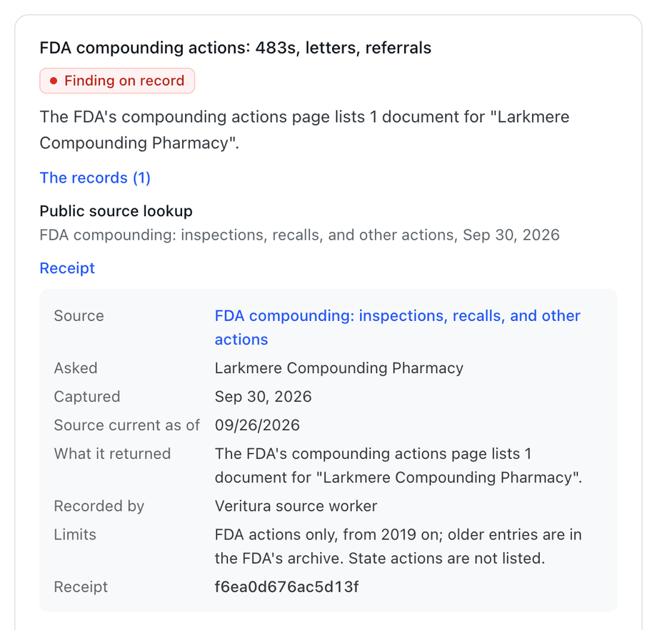 A finding on record from the FDA's compounding actions page, marked as a public source lookup, with its receipt open: the source, what was asked, the date captured, what it returned, its limits and a receipt number.