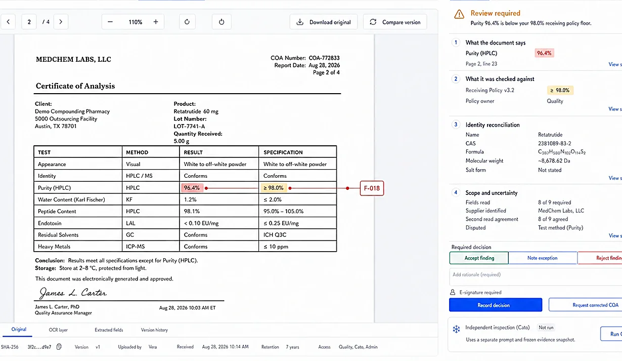 A document check with cited evidence