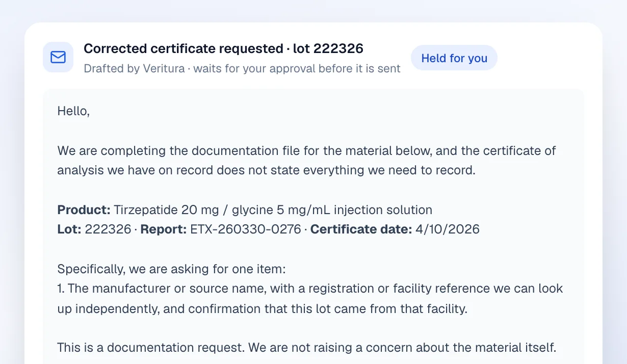 The corrected-certificate request Veritura drafted