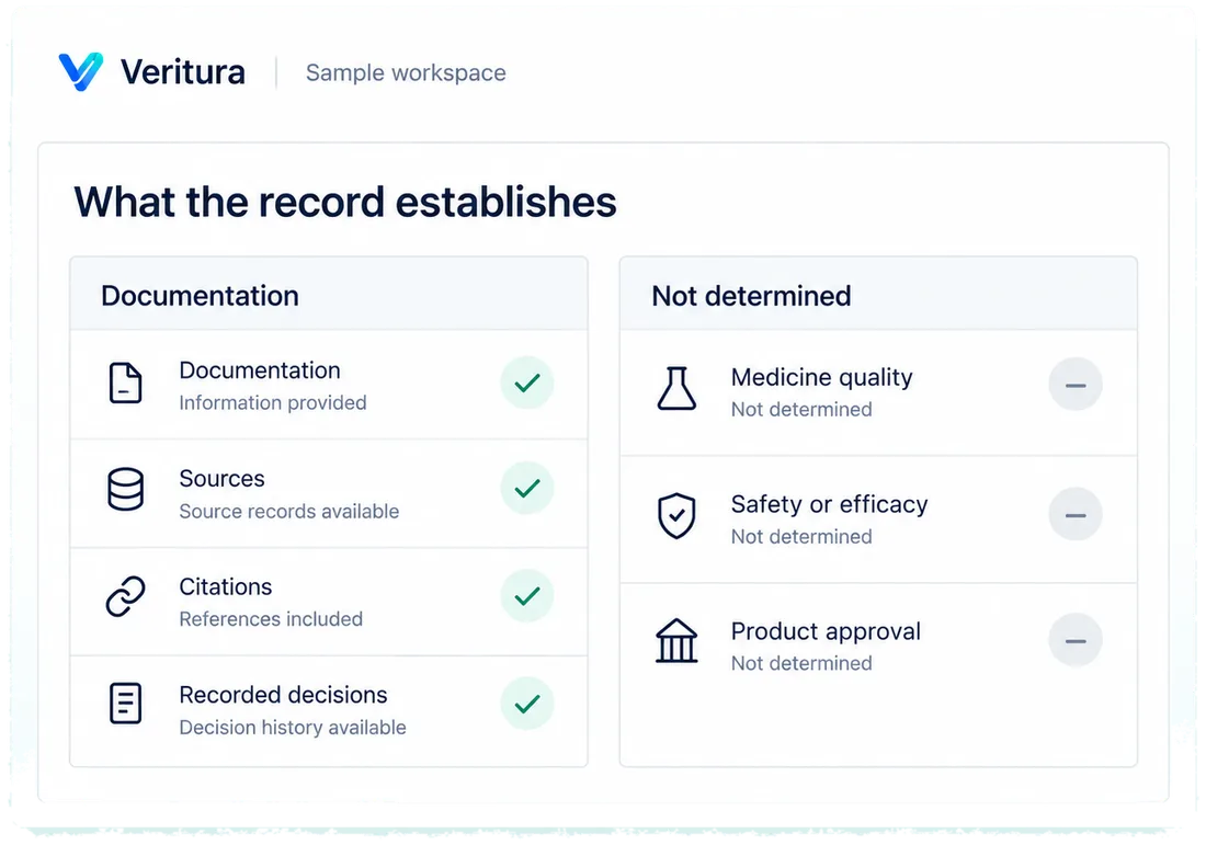 We verify the documentation, not the product: a designed view of the Veritura workspace