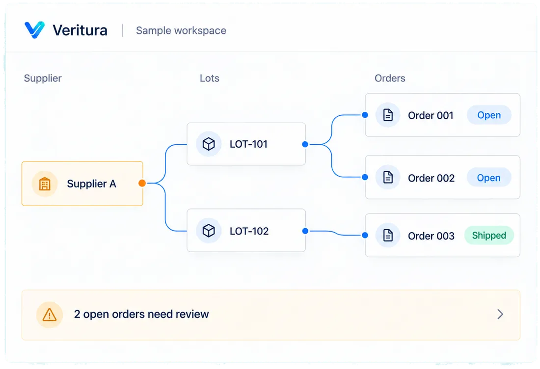 Supplier exposure across every open order: a designed view of the Veritura workspace