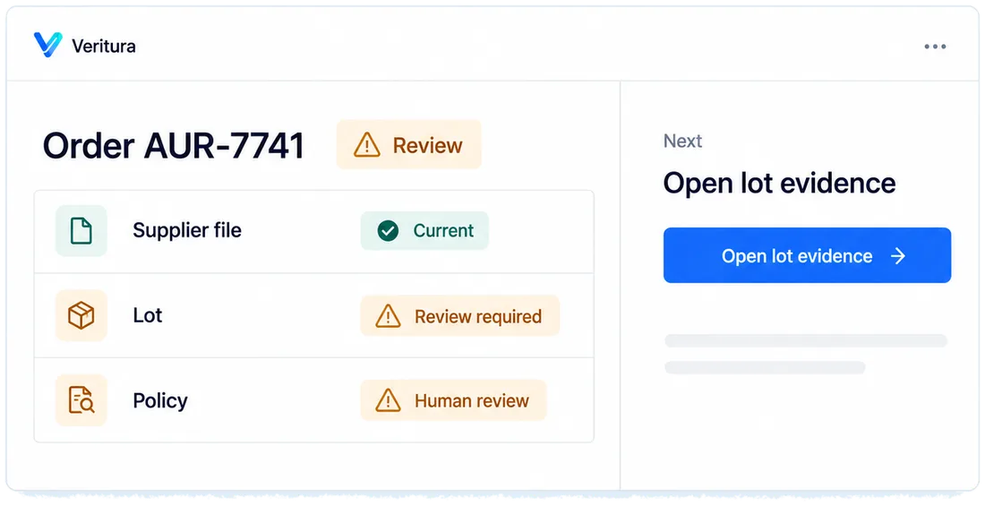 One decision per order, against your policy: a designed view of the Veritura workspace