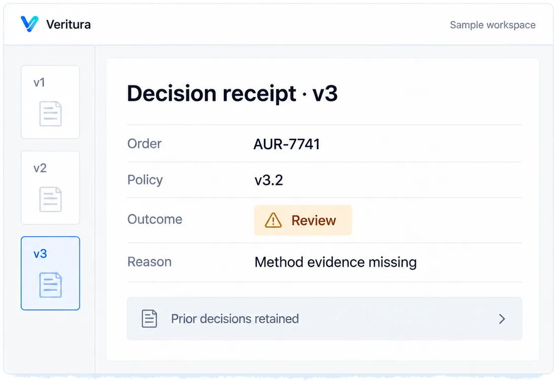 A versioned receipt, never a verdict on the medicine: a designed view of the Veritura workspace
