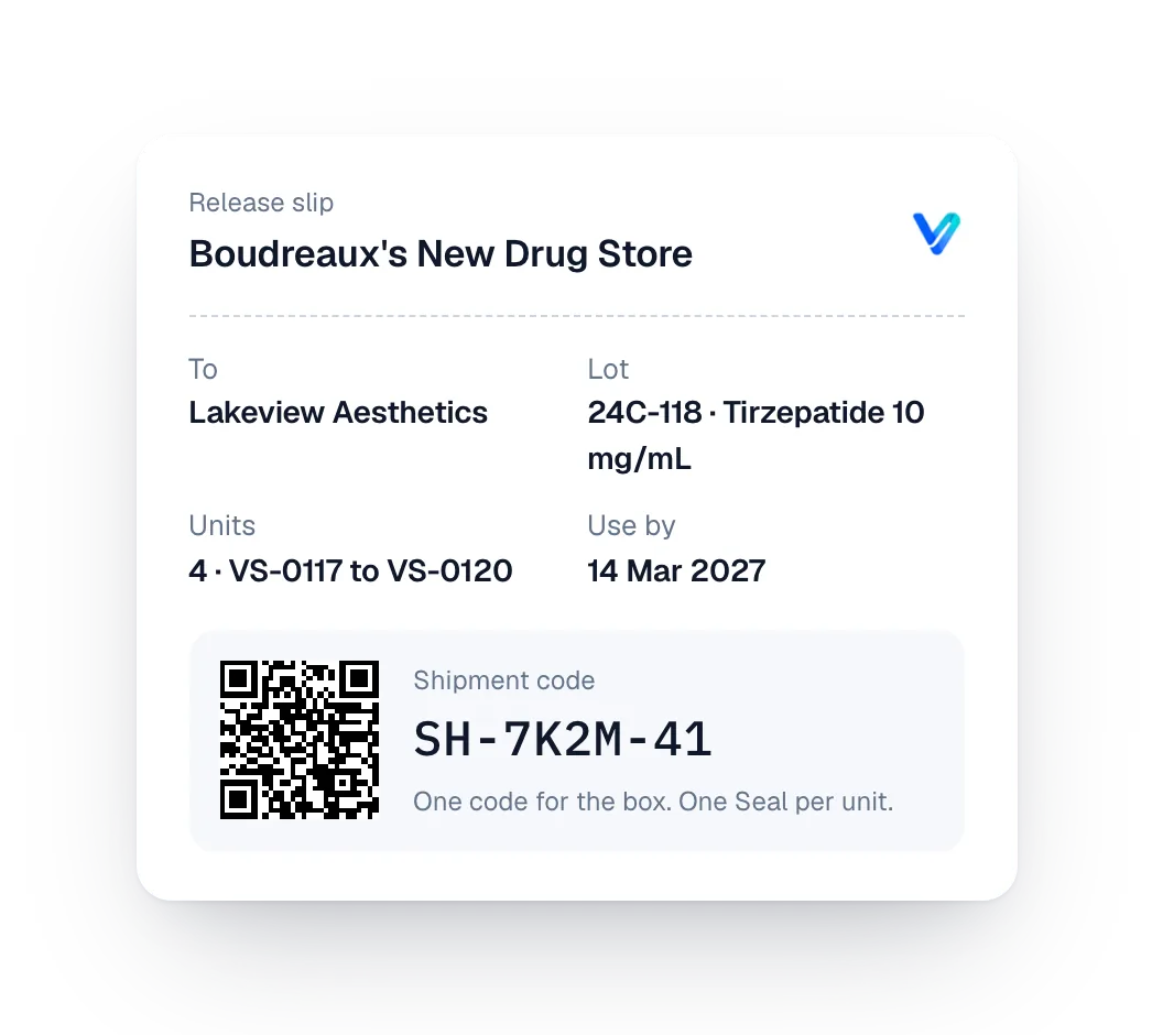 The release slip carries one shipment code: a designed view of the Veritura workspace