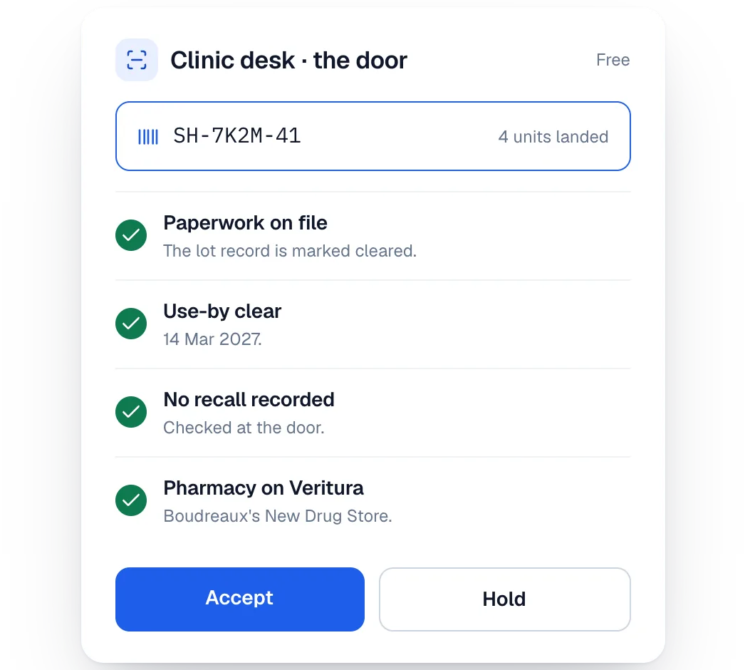 The clinic scans the slip, and the box lands on its desk: a designed view of the Veritura workspace