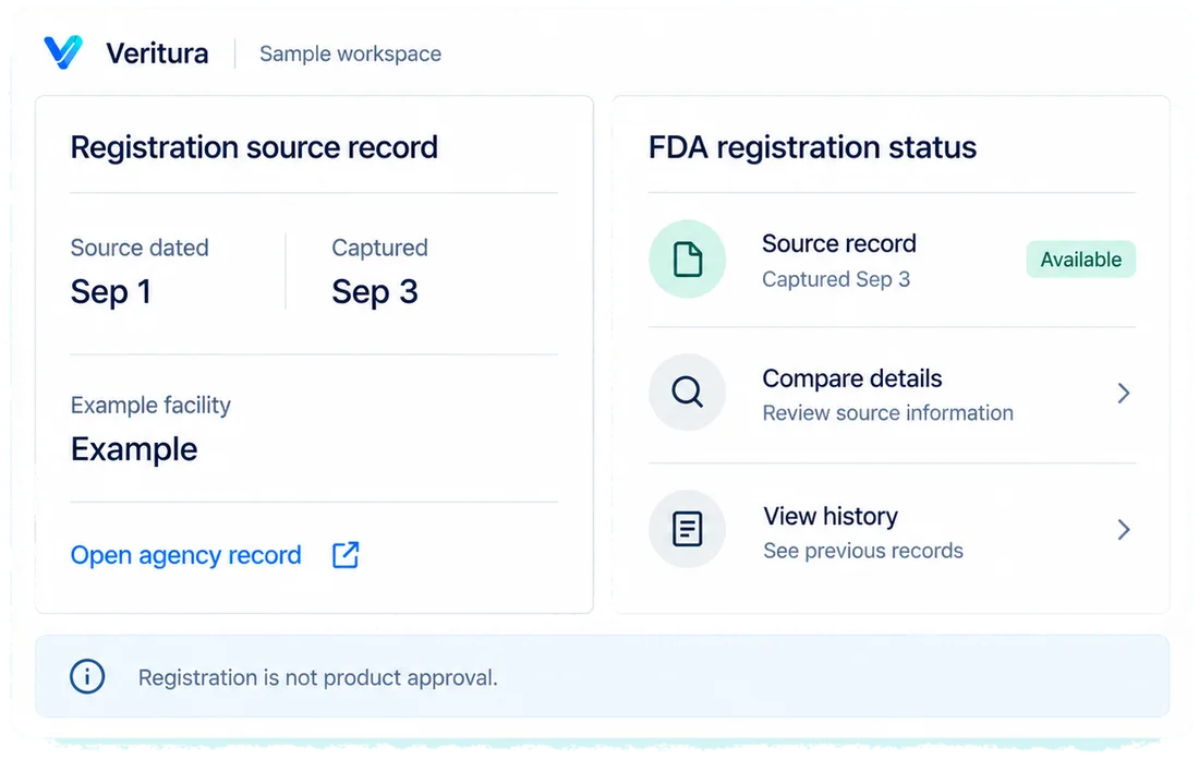 FDA registration status: a designed view of the Veritura workspace