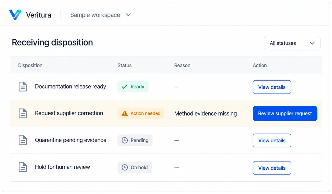 Control evidence at receiving and release: a designed view of the Veritura workspace