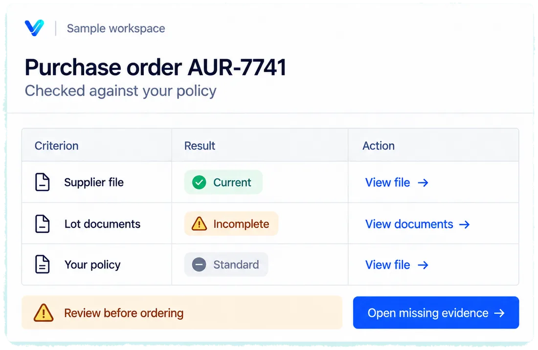Screen one order against your policy: a designed view of the Veritura workspace
