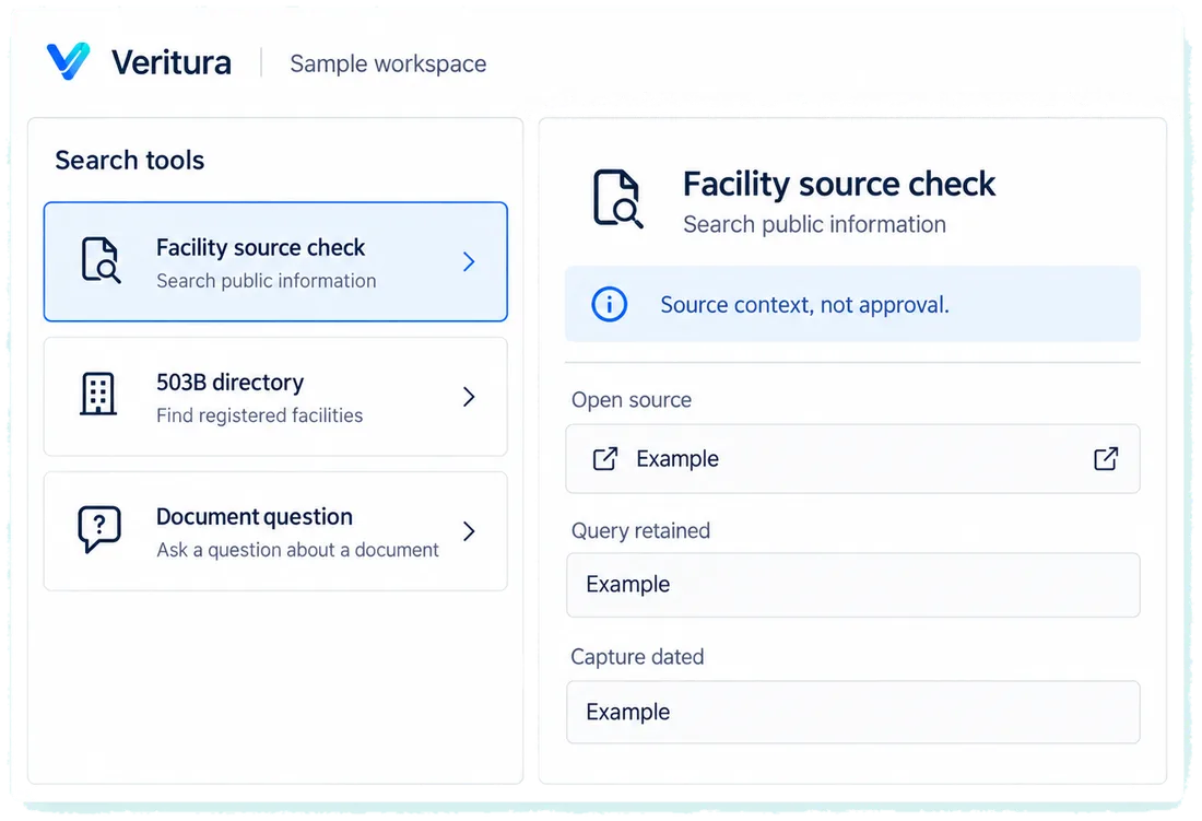 No account, and a stated limit on every answer: a designed view of the Veritura workspace