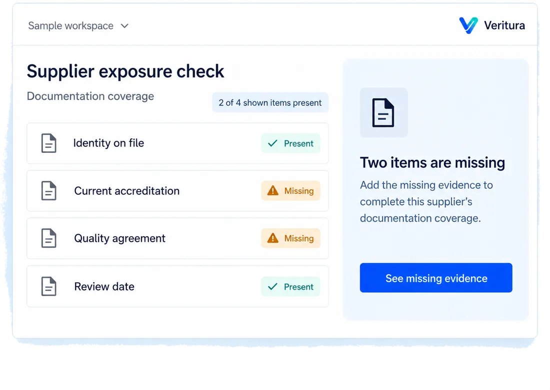 Supplier exposure check: a designed view of the Veritura workspace