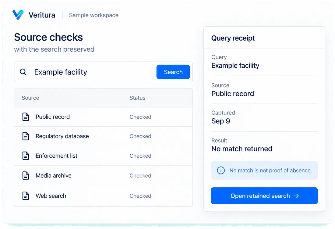 Source checks, with the search preserved: a designed view of the Veritura workspace