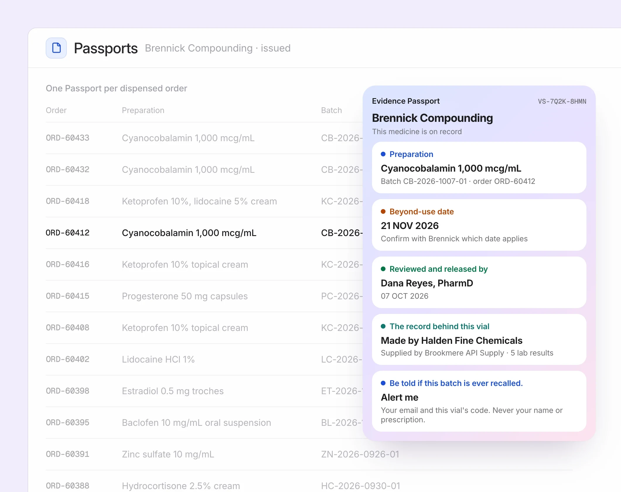 The sample Passport for order RX-60412: the dispensing pharmacy first, the preparation, its beyond-use date, who reviewed and released it, and the recall sign-up